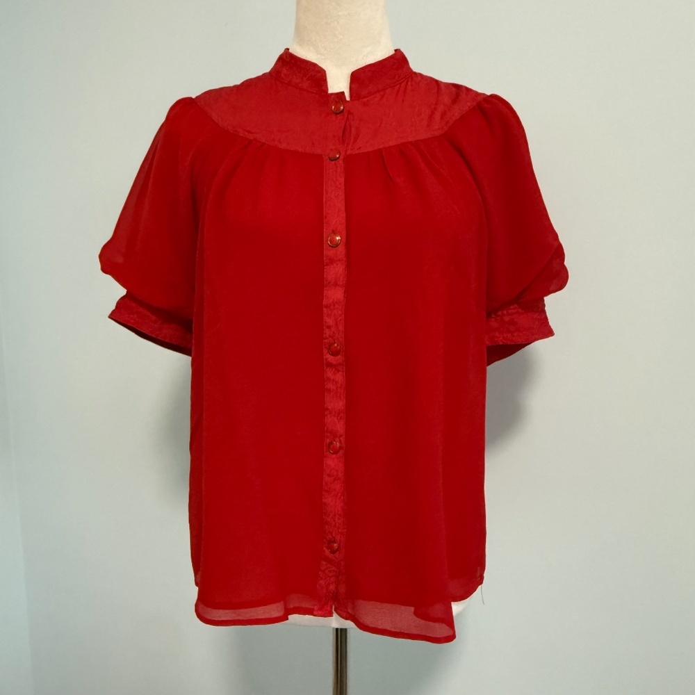 Maeve‎ by Anthropologie Short Sleeve Red Chiffon Lined Blouse Size 6